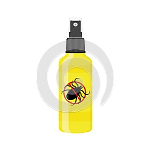 Mite spray icon isolated on white background. Repellent insect bottle with forbidden anti tick sign. Vector cartoon