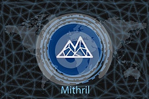 Mithril MITH Abstract Cryptocurrency. With a dark background and a world map. Graphic concept for your design