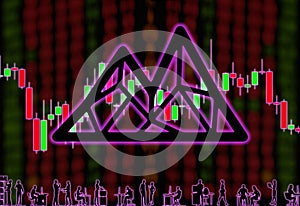 Mithril MITH cryptocurrency. Background of blurry numbers and candlestick chart. Silhouettes of office workers