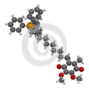 Mitoquinone or mitoQ molecule. 3D rendering. Atoms are represented as spheres with conventional color coding: hydrogen white,