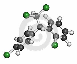 Mitotane cancer drug molecule. Atoms are represented as spheres with conventional color coding: hydrogen (white), carbon (grey),