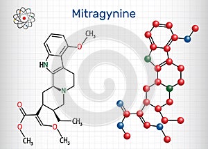 Mitragynine molecule. It is the herbal alkaloid with opiate-like properties produced by plant Mitragyna speciosa Korth, kratom.