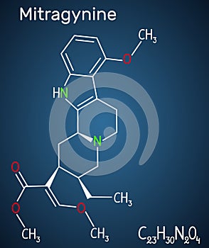 Mitragynine molecule. It is the herbal alkaloid with opiate-like properties produced by plant Mitragyna speciosa Korth, kratom.