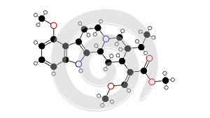 mitragynine molecule, structural chemical formula, ball-and-stick model, isolated image indole-based alkaloid