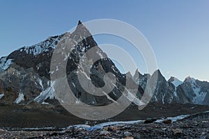 Mitre peak in Karakoram range at sunset view from Concordia camp, K2 trek, Pakistan, Asia