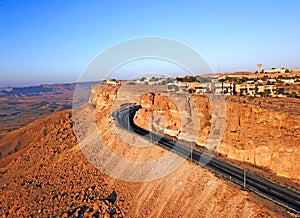 Aerial view of the Bereshit Hotel on the edge of Ramon Crater in the Negev Desert