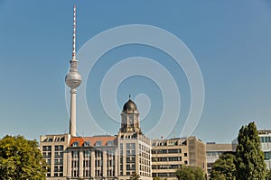 Mitte district cityscape with TV tower in Berlin, Germany.