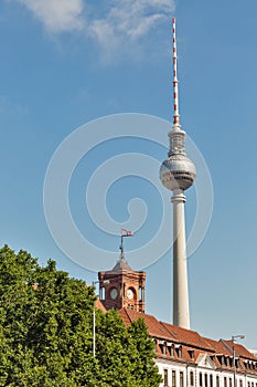 Mitte district cityscape with TV tower in Berlin, Germany.