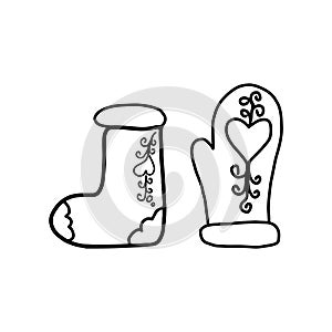 Mitten felt boots ÃÂoloring page. Hand drawn winter vector illustration heart. Christmas invitation placard for web element, glove