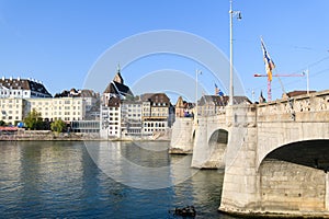 The Mittlere Brucke, dating from 1226, is one of the oldest bridges on the river Rhine. Basel, Switzerland