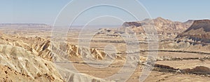 Mitzpe Ramon dry canyon landscape in the Negev desert of Israel.