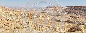 Mitzpe Ramon dry canyon landscape in the Negev desert of Israel.