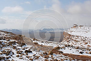 Mitzpe Ramon next to the crater Machtesh Ramon covered in snow