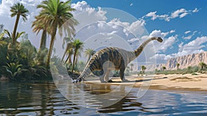 A mive Sauropelta wades into the oasis its mive tail causing small waves to ripple across the surface
