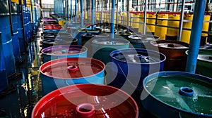 Mive storage tanks hold gallons of liquid plastic waiting to be molded into various items such as toys utensils and