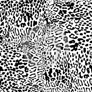Mix animal skin prints, leopard, jaguar seamless pattern vector design. Predators skin merges. Dotted texture. Black and white,