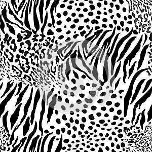 Mix animal skin prints, tiger, leopard, jaguar seamless pattern vector design