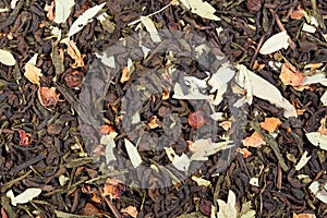 Mix based on Chinese tea shu pu`er, Japanese Sencha and senna leaves. Can be used as background.