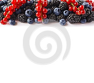 Mix berries and fruits at border of image with copy space for text. Ripe blueberries, blackberries and red currants on white back