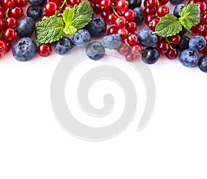 Mix berries and fruits at border of image with copy space for text. Ripe blueberries, red and black currants on white background.