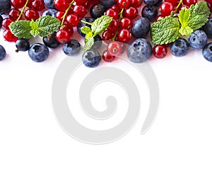 Mix berries and fruits at border of image with copy space for text. Ripe blueberries, red and black currants on white background.