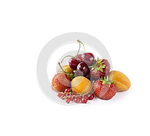 Mix berries and fruits isolated on white. Berries and fruits with copy space for text. Ripe strawberries, currants, cherries, apri