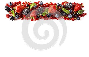 Mix berries isolated on a white background. Ripe red currants, strawberries, blackberries, blueberries, blackcurrants on white bac