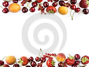 Mix berries isolated on a white. Ripe apricots, red currants, cherries and strawberries. Berries and fruits with copy space for te