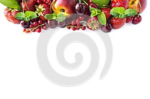 Mix berries isolated on a white. Ripe apricots, red currants, cherries and strawberries. Berries and fruits with copy space for te