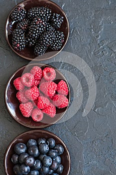 Mix of berries raspberries red currants and blueberries in a small brown plates. Gray stone background. Top view.