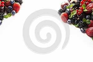 Mix berries on a white. Berries and fruits with copy space for text. Black-blue and red food. Ripe blackberries, blueberries, stra