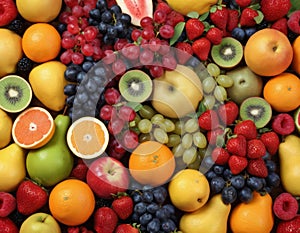 Mix of bright various fruits. view from above.