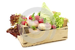 Mix of cabbage, lettuce and turnips in a wooden crate