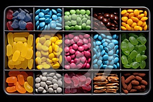 Mix of candies in box. Marshmallows, candies, dragee, fruit jelly. Top view flat lay. Generative AI