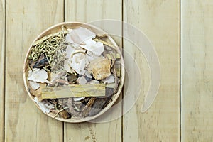 Mix of chinese herbal medicine in wooden