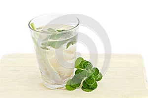 Mix cold soda drink with lemon grass, lychee.mint on wood tray