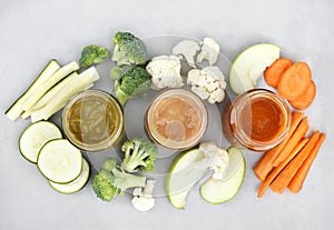 Mix of colorful baby puree with fresh vegetables and fruits on light grey background, healthy food for childcare