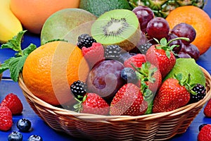 Mix of colorful fruits in a basket on table