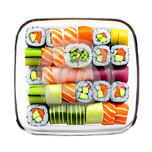 mix of colorful sushi rolls in a square glass dish, captured from above.