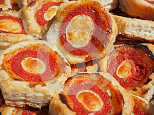 Mix of delicious appetizers and small pizzas made of puff pastry