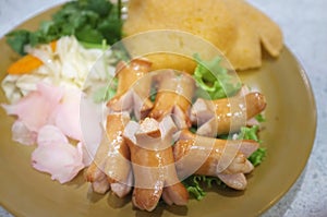 Mix delicious appitizer set: Dimsum , sausage and rice cracker