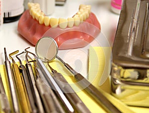 Mix of Dental tools in stomatological clinic