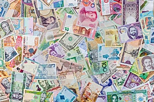 Mix of different banknotes, currency in all countries in world