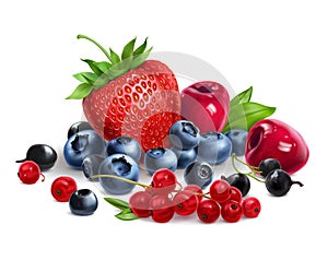 Mix of different berries, fresh assorted strawberries, currants, blueberries, bog whortleberry, sweet cherri