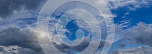 Mix of different cloud forms on the blue sky, wide panoramic view.