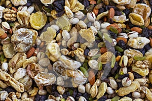 Mix of different delicious nuts and raisins background.
