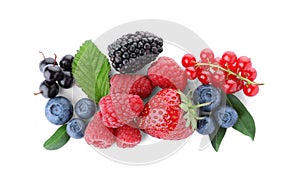 Mix of different fresh berries isolated, top view