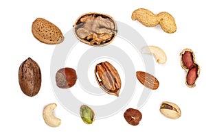 Mix of different nuts isolated on white background, Flat lay pattern, Top view