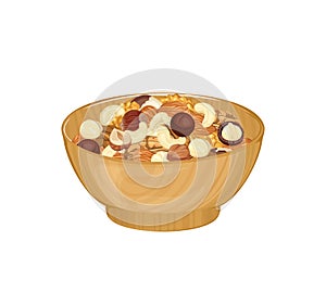 Mix of different nuts. Wooden bowl full of nuts isolated on a white background. Vector illustration