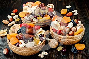 Mix of dried fruits and nuts on a dark wood background with copy space. Symbols of judaic holiday Tu Bishvat.